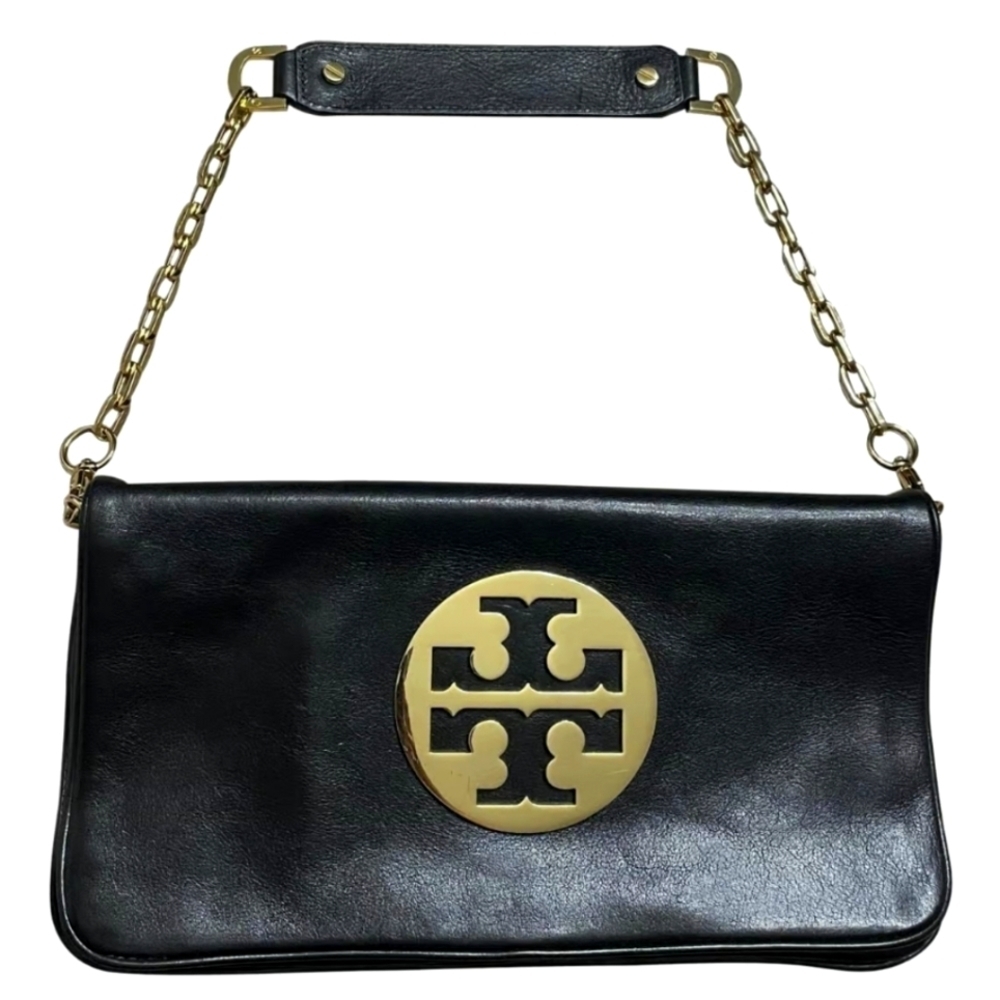 💯Authentic Tory Burch Reva Gold Logo Black Leather Clutch/Shoulder Bag